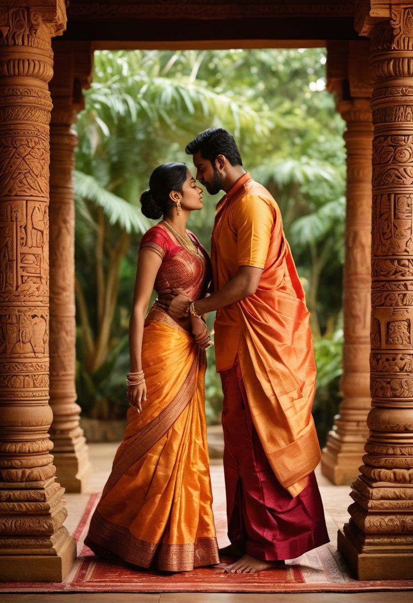 A sensual and intimate setting featuring a couple intertwined in a passionate embrace, surrounded by vibrant Tamil cultural elements like traditional textiles and intricate carvings. Soft lighting casts playful shadows, accentuating the warmth between them. The background includes hints of a serene landscape, with lush greenery and a hint of a Tamil temple. The overall mood is inviting and romantic, suggesting exploration and connection. super-realistic. vibrant colors. warm tones.