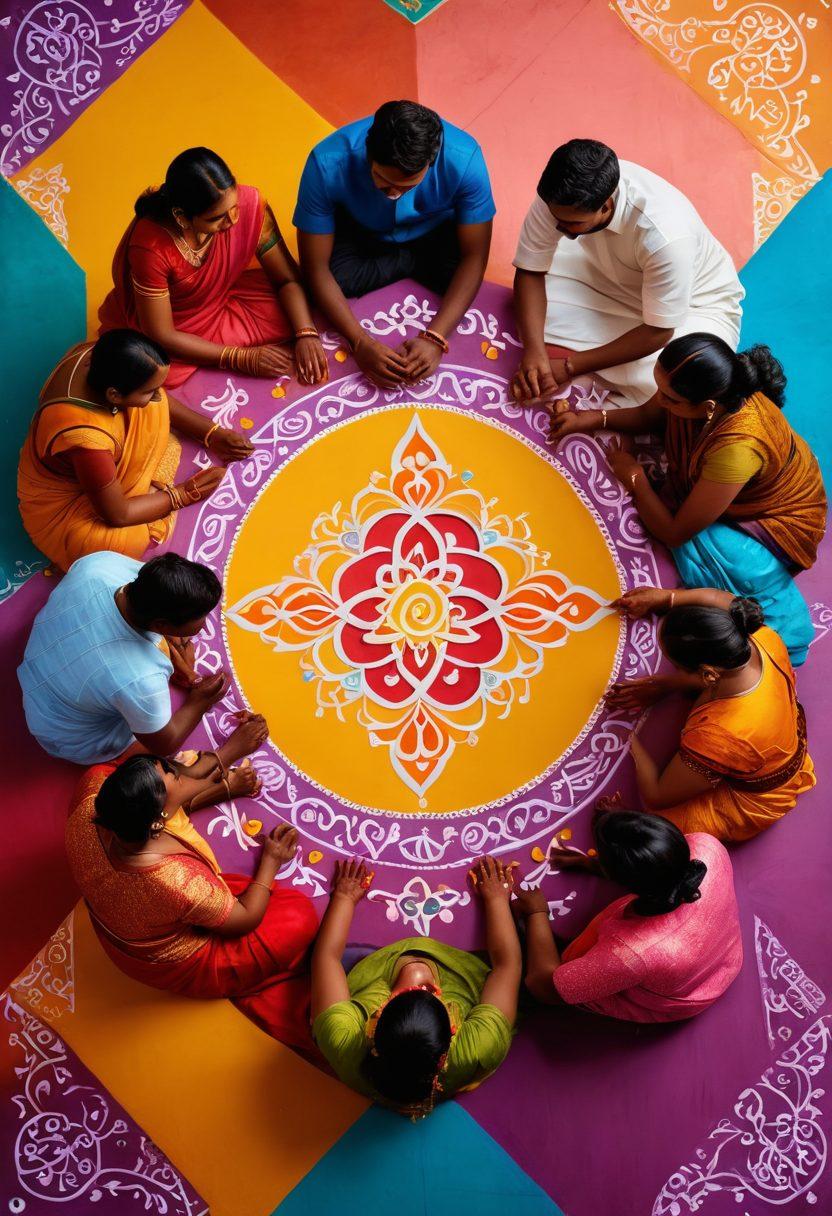 A diverse group of Tamil individuals engaged in open and heartfelt conversations about sexuality, surrounded by colorful symbols of love and desire, with traditional Tamil elements like Kolam patterns in the background. The scene conveys warmth, acceptance, and connection while celebrating Tamil culture. vibrant colors. super-realistic.