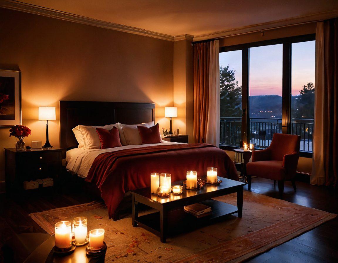 A softly lit, intimate setting featuring a cozy room with warm colors, where two silhouettes embrace thoughtfully. Surrounding elements include candles, plush textures, and subtle heart motifs to symbolize connection and intimacy. Add a hint of playful sensuality through suggestive yet tasteful decor. The atmosphere evokes warmth and closeness. super-realistic. warm hues. intimate ambiance.